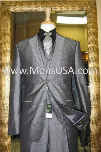 Alberto Nardoni charcoal gray suit. Sleek design, subtle sheen. Notched lapel, single-button closure, tailored fit. Matching vest, textured gray tie. Smooth fabric, contrasting white pocket stitching.