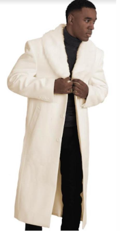 Men's ivory overcoat with faux fur shawl collar. Full-length, straight shape with visible buttons and side pockets. Classic style in off-white.
