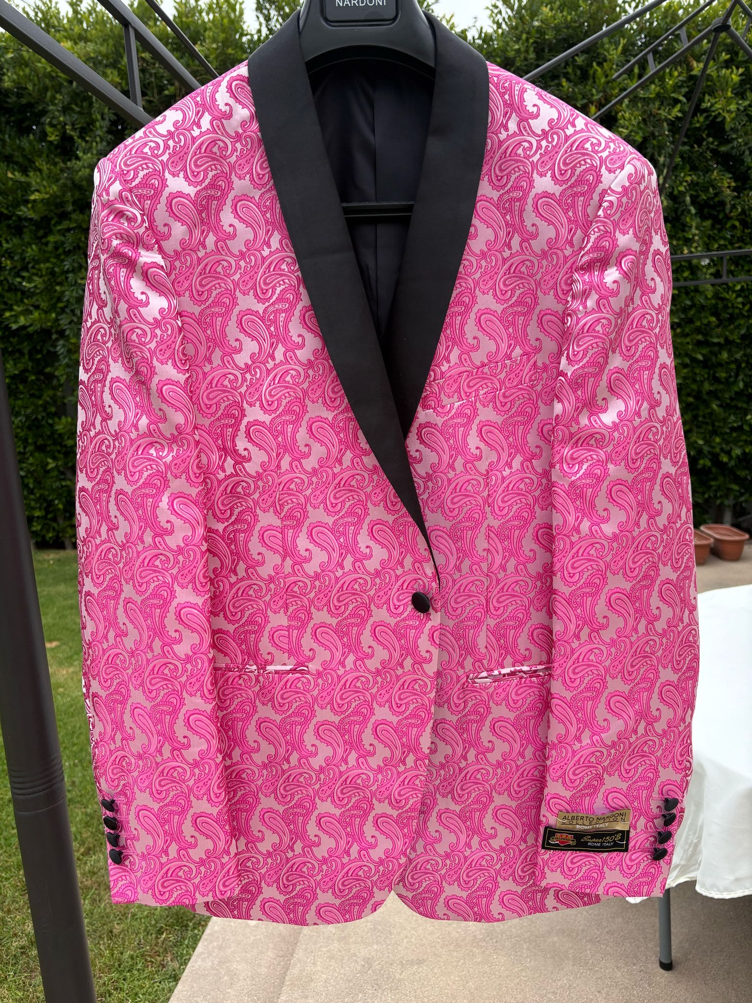 Men’s Hot Pink Tuxedo Suit With Black Pants Paisley Patter with Black Shawl Lapel - Fuchsia Color Prom Suit