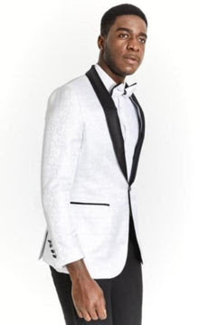 Men’s White Dinner Jacket Disco Blazer 1980s Sequin Style Jacket – Black Lapel Party Blazer, Formal Masquerade Club Wear Paisley Fabric + Bowtie