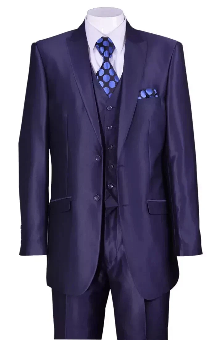Men's Shiny Navy Blue Sateen 3-Piece Suit – Elegant Wedding, Prom Dress Suit with Matching Vest and Pants Slim Fitted