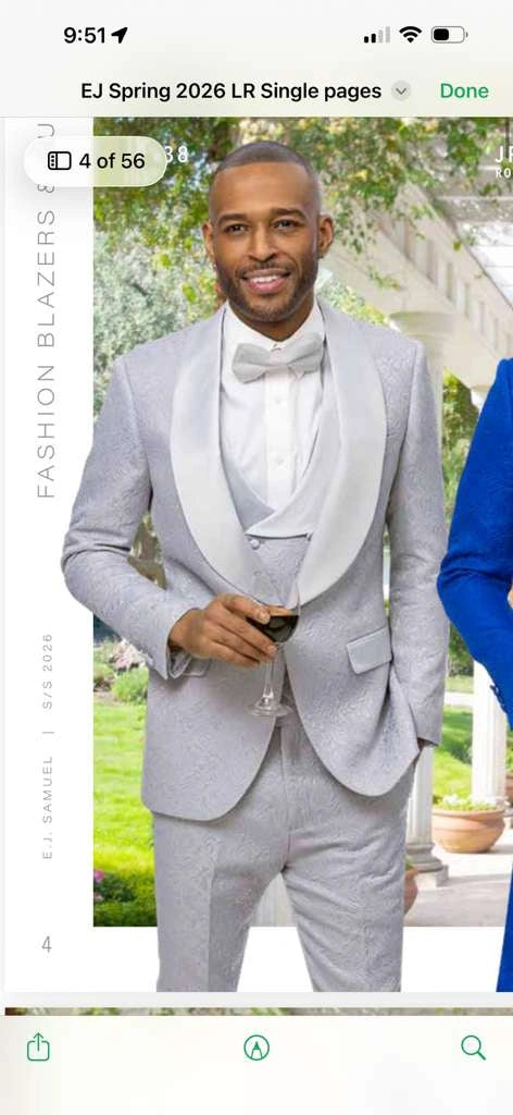 Mens Light Silver Wedding Tuxedo Suit – Paisley Fabric Three Piece Formal Suit Set with Shawl Lapel for Groom, Prom, Gala and ice Grey