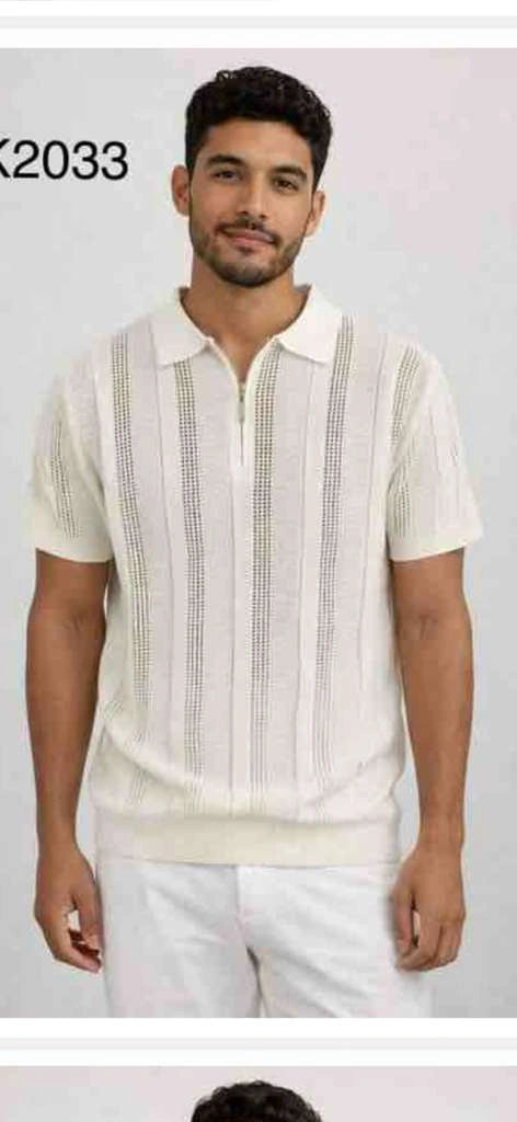 Mens Cream Ivory Off White Knit Walking Suit Set – Lightweight Short Sleeve Shirt  and Pants Outfit for Summer, Vacation and Casual Style