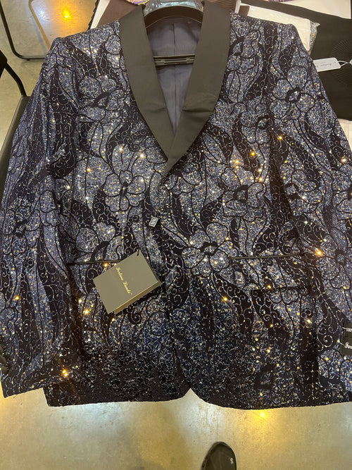 Navy black glitter floral tuxedo jacket. Satin black lapel, sequin floral pattern. Reflects light, perfect for dinners and events.