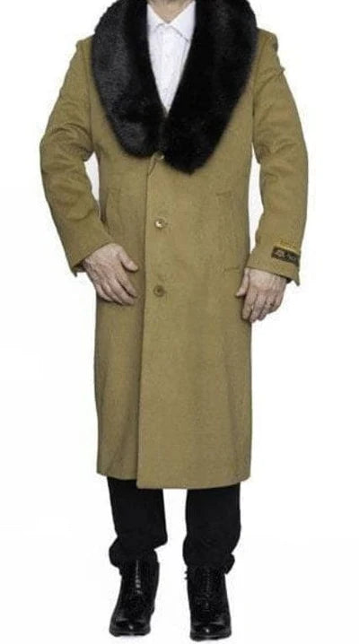 Mens Camel Tan Long Overcoat with Black Faux Fur Collar - Wool Topcoat Three if not Full length