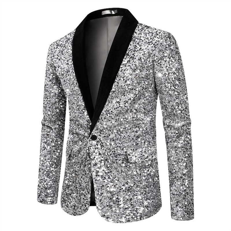 Men’s Silver Sequin Blazer Disco Style Jacket – Black Lapel Party Blazer, Shiny Evening Wear, 70s Dance Outfit, Formal Event Jacket