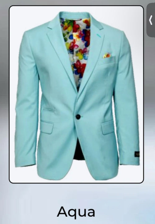 Men's slim fit aqua blazer. Single button closure, light turquoise outer, floral lining. Notched lapel, two front pockets. Stylish and modern design.