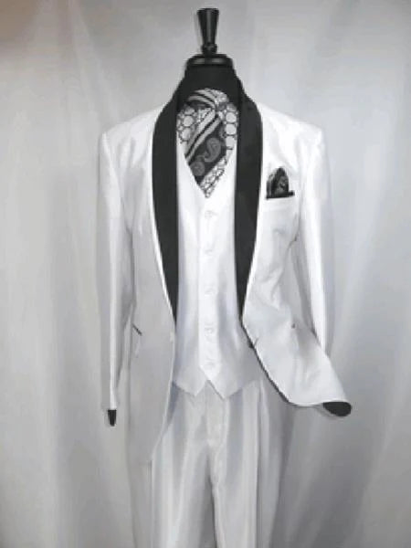 Men’s White Shiny Flashy Fabric Tuxedo Suit with Black Shawl Lapel | Luxury Formal Wedding and Evening Suit Sharkskin Metallic Fabric