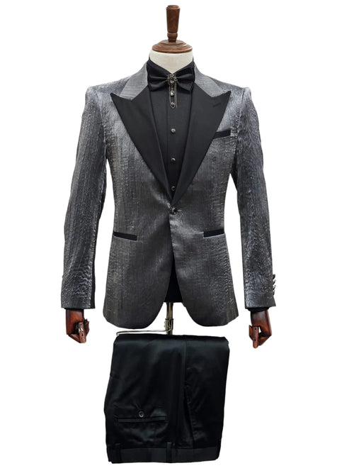 Silver Metallic Tuxedo Suit with Black Satin Peak Lapel – Mens Slim Fit Formal Wedding and Prom Attire in Charcoal Grey With Pants