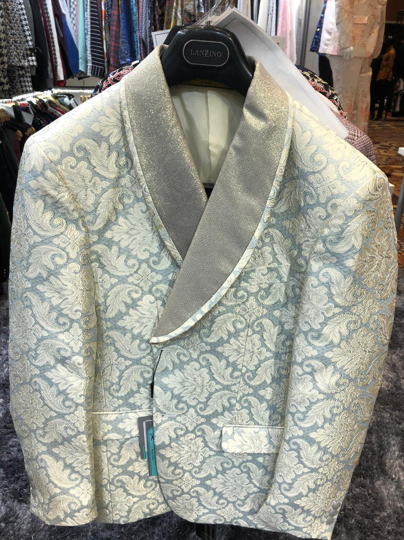 Light tan men's blazer with cream & champagne floral embroidery. Features a satin shawl collar. Luxurious and stylish design.