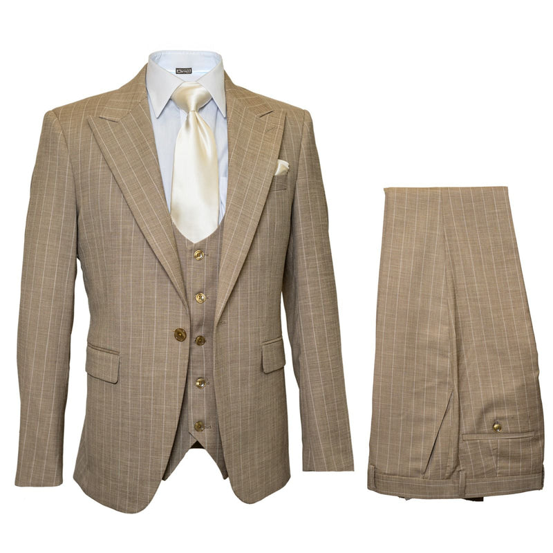 Men's beige pinstripe three-piece suit. Includes a fitted jacket with notched lapels, a button-down vest, and flared, striped trousers.