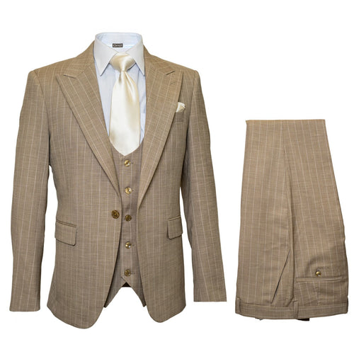 Men's Beige Pinstripe Three-Piece Vested Suit – Tailored Fit Business Attire in Tan Stripe by Rossiman
