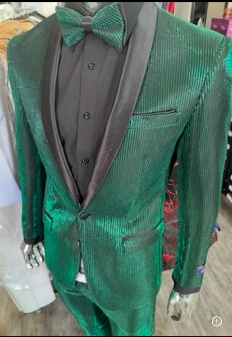 Men's Emerald Green Shiny Tuxedo with Black Satin Lapel and Matching Bow Tie Ultra Slim Fit