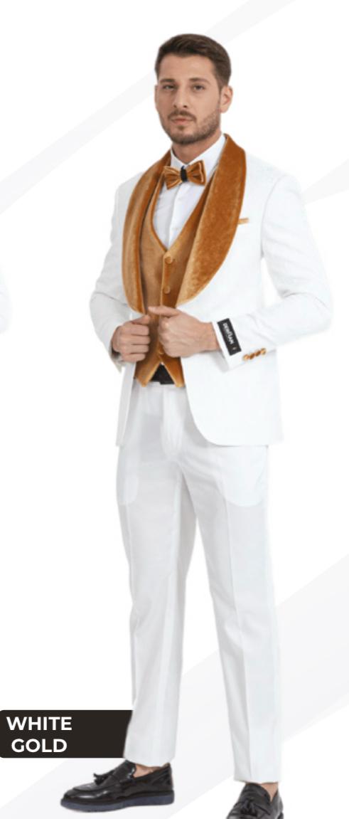 Men's White & Gold Tuxedo – Velvet Shawl Lapel 3 Piece Wedding & Prom Suit
