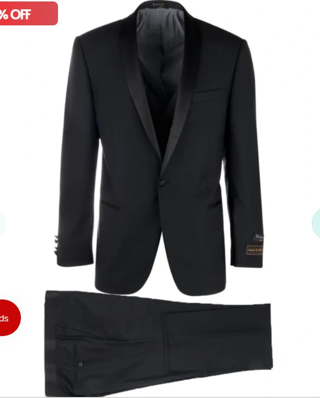 Tiglio Designer Menās Black Single Button Tuxedo Suit ā Formal Black Business and Wedding Suit Shawl Collar Super 150's Wool Fabric