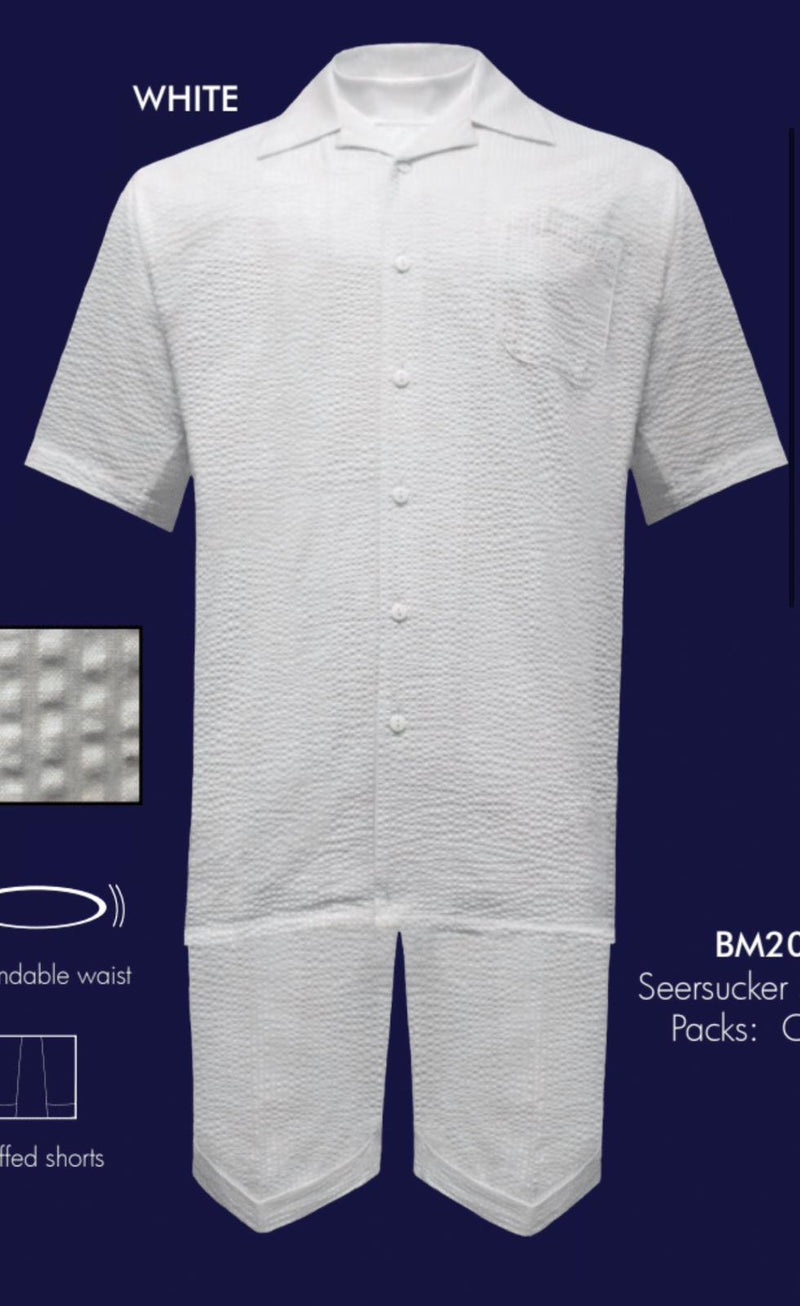 Men's white seersucker short set: lightweight, breathable summer outfit. Includes short-sleeved button-up shirt with pocket & matching shorts. Shorts feature expandable waist & cuffed hems. Textured, wrinkled fabric.