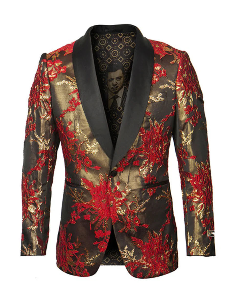 Black jacket with red & gold floral paisley embroidery. Structured, fitted silhouette with a black shawl lapel. Patterned lining completes the design.