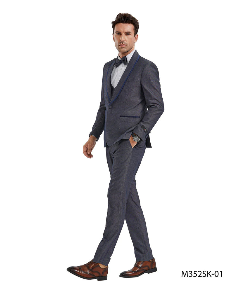 Men's charcoal gray slim-fit 3-piece suit with blue trim. Modern design: fitted blazer, vest, and trousers. Structured shape, tailored silhouette, visible lapels, single-button closure, and tapered trousers. Smooth, textured fabric.