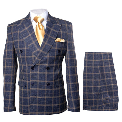 Men's camel-bronze double-breasted suit with check pattern and wide lapels. Woven fabric, dark buttons, and pocket square. Streamlined trousers with cuff detail.