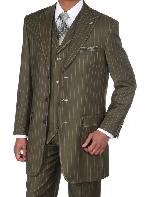 Olive green pinstripe zoot suit: three-piece, structured blazer, matching vest, tailored trousers. Fine pinstripe on olive green. Blazer: notched lapel, front buttons, pocket square. Vest: pinstripe, buttons. Classic-cut trousers.
