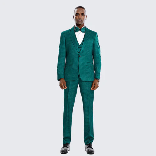 Men's emerald green 3-piece suit: tailored jacket, trousers, and vest. Features a subtle textured pattern. Stylish and sophisticated.