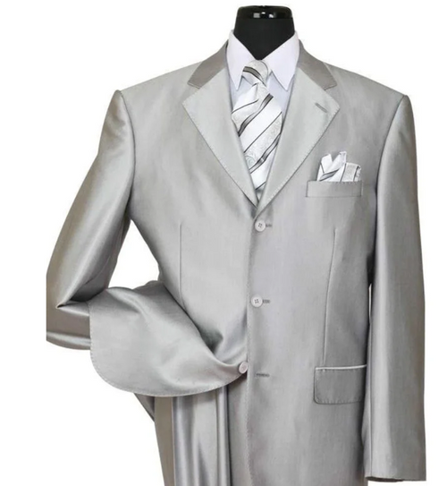 Men’s Silver Grey Sharkskin Suit – 3 Button Classic Fit Shiny Formal Suit for Wedding, Business and Party Wear