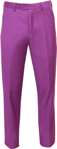 Light purple, slim-fit dress pants. Straight leg, mid-rise waist, lightweight fabric. Zip-fly with single-button closure.