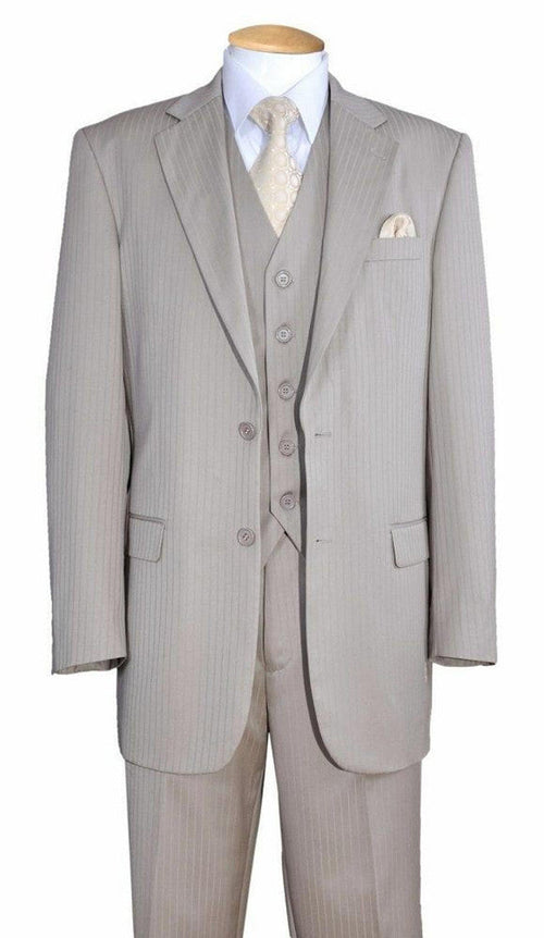 Men's light tan 3-piece pinstripe suit. Includes jacket (single-breasted, 2 buttons, notch lapels), vest (5 buttons), and pants. Smooth fabric with vertical darker pinstripes.