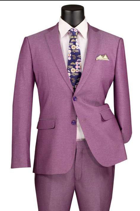 Men's light purple slim-fit blazer with notch lapel, single-breasted, and two pockets. Features purple buttons and a matching suit pant. Includes tie and pocket square.