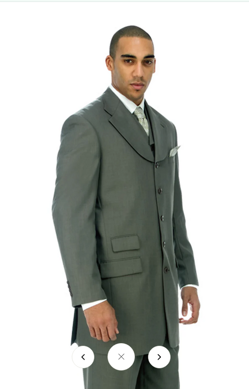 Alberto Nardoni's 1920s gray zoot suit for men. Long, tailored silhouette with peak lapel & double-breasted 4-button design. Features textured gray fabric, flap pockets, elongated sleeves, button cuffs, and side vents.