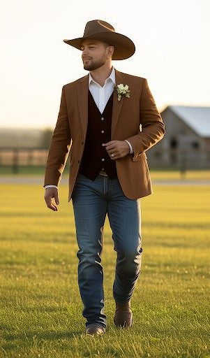 Rust copper brown western blazer. Tailored, structured shoulders, subtle sheen. Single-button closure, peak lapels. Layered with contrasting buttoned vest.
