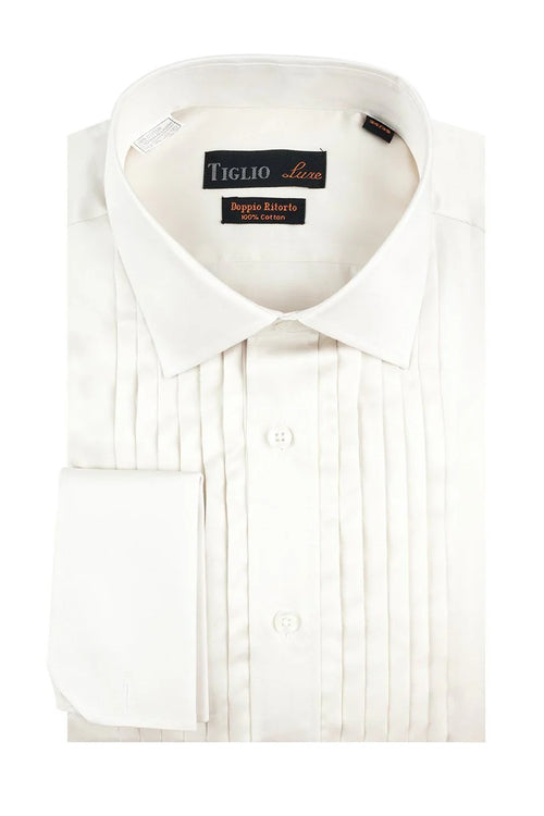 Men’s Ivory Cream Off White Pleated Tuxedo Dress Shirt | French Cuff Formal Wedding Shirt