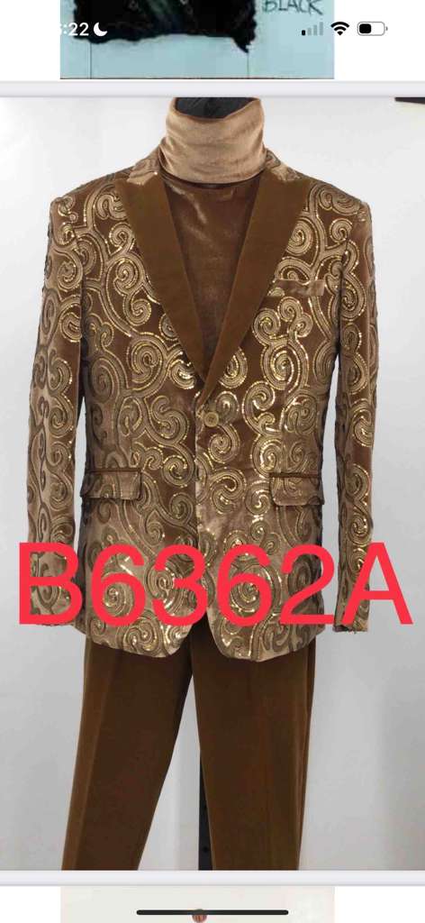 Men's light brown tuxedo jacket. Gold embroidered swirl pattern on solid base. Tailored fit, notched lapels.