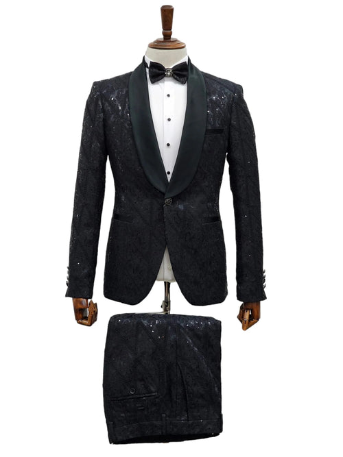 Black sequin tuxedo suit: textured jacket & trousers, satin shawl lapel, single-button closure, detailed waistband. A dazzling formal ensemble.