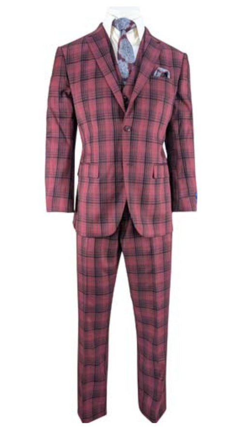 Men's three-piece suit in red/burgundy plaid with classic checkered details. Modern fit, woven fabric. Includes jacket (notched lapel, pockets), vest, and trousers, all coordinated.