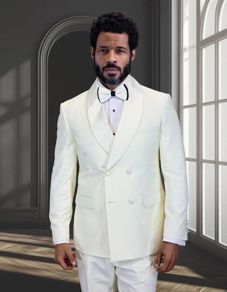 Off-white men's double-breasted tuxedo jacket. Shawl lapel, structured fit, smooth fabric. Features two rows of buttons, solid color, and side pockets.