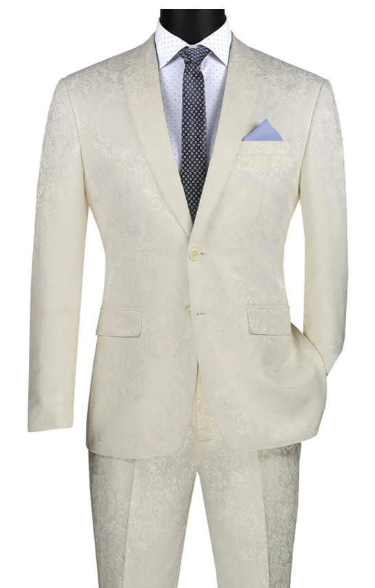 Men’s Ivory Paisley Shiny Suit – Flroal Formal Wedding and Prom Suit for Party, in Cream Off White