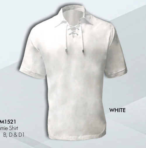 Men's renaissance shirt with short sleeves, collar, and lace-up neckline. Made of white linen.