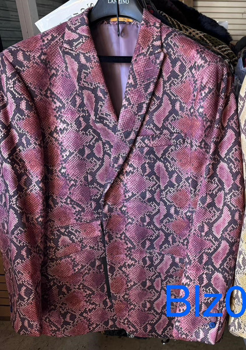 Alberto Nardoni men's blazer: burgundy/black snakeskin print, structured shape, V-neck, dual pockets. Features bold pattern. Purple lining. Tailored, fitted silhouette.