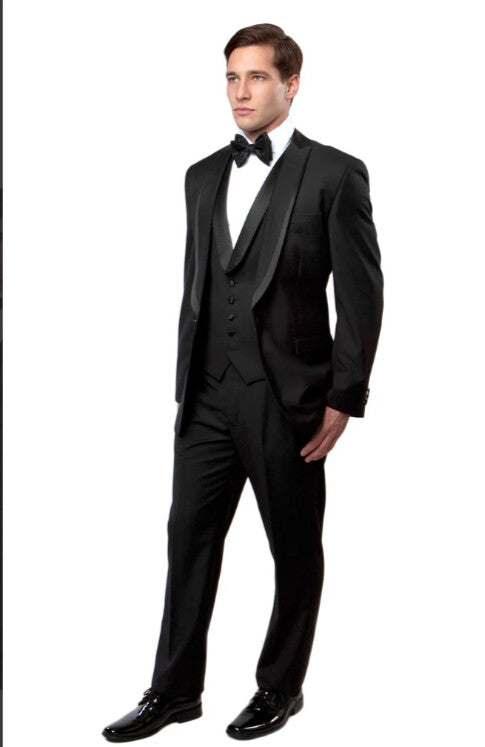 Black Western Tuxedo for Men | Classic Three Piece Formal Wedding Peak Lapel with Trim Collar Cowboy Suit