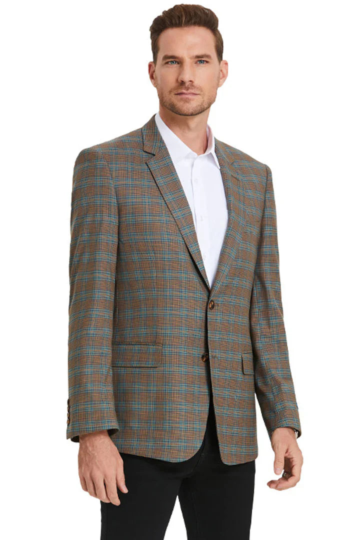Alberto Nardoni men's sport coat in green, brown, and teal plaid. Classic notched lapels, single-breasted, two buttons, and two pockets. Tailored silhouette, slight cuff.