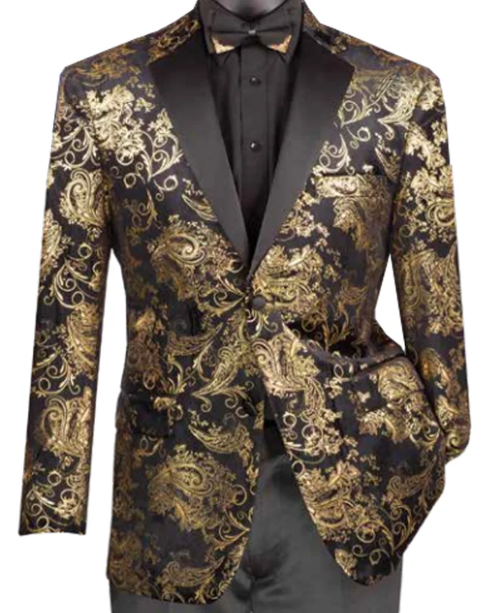 Men’s Black & Gold Paisley Tuxedo Jacket – Luxury Floral Formal Dinner Blazer Black Pants