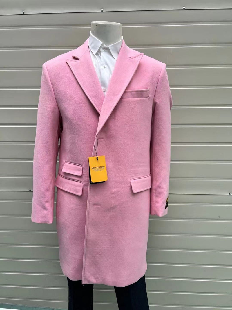 Men's pink wool-blend slim fit overcoat. Notched lapel, chest & front pockets, button closure. Elongated silhouette. Soft, textured fabric.