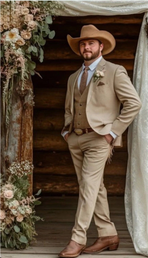 Men’s Light Brown Western 3 Piece Suit – Classic Country Style Blazer Vest Pants Set, Formal Cowboy Suit Toast