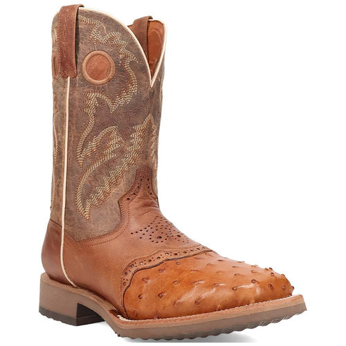 Dan Post Martel boots: Tall, rounded toe. Tan/brown ostrich leather foot. Embossed light brown shaft with intricate stitching. Rubber sole for traction. Western style.