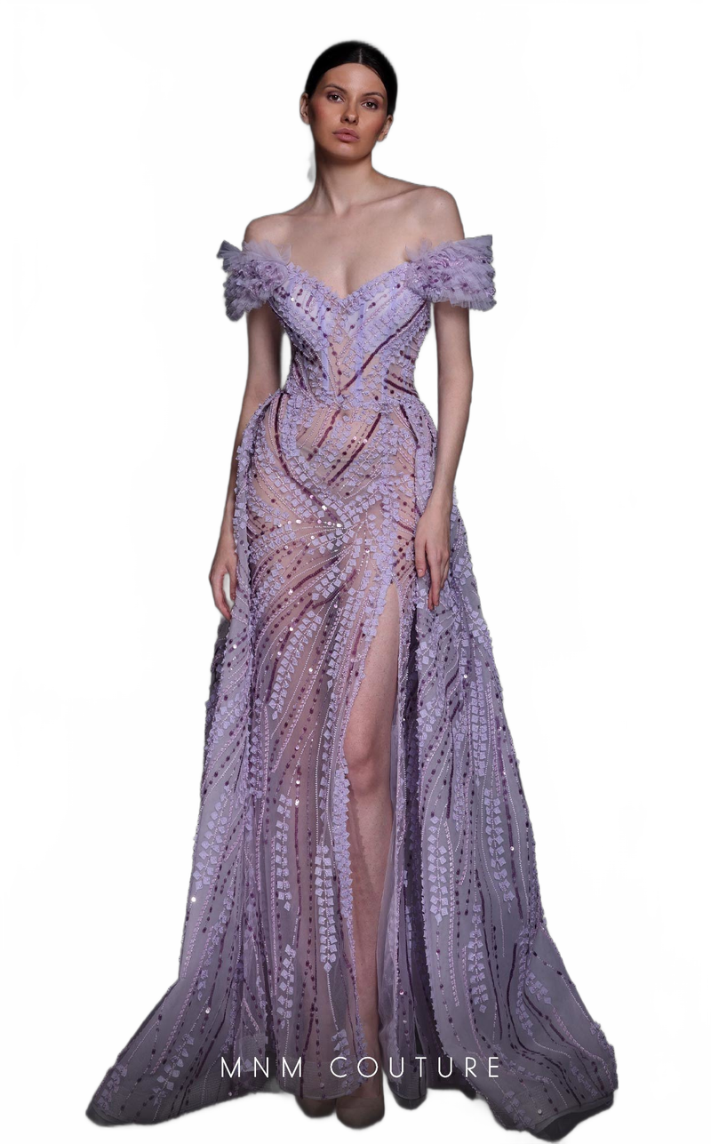 MNM Couture K4120 Off-Shoulder Lilac Beaded Gown