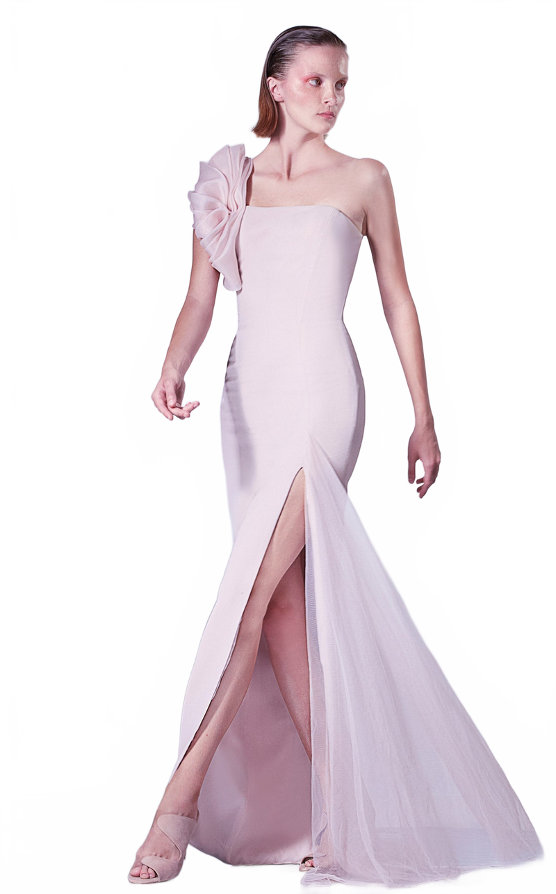 Gaby Charbachy G1345 Strapless Rosette Mermaid Gown with Slit in Pink by MNM Couture