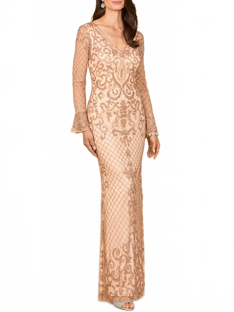 Beaded Long Sleeve V-neck Gown