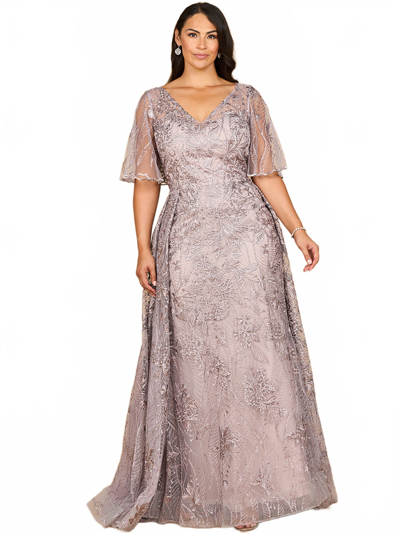 Lara 28880- Overskirt Lace Fitted V-Neck Gown with Cape Sleeves