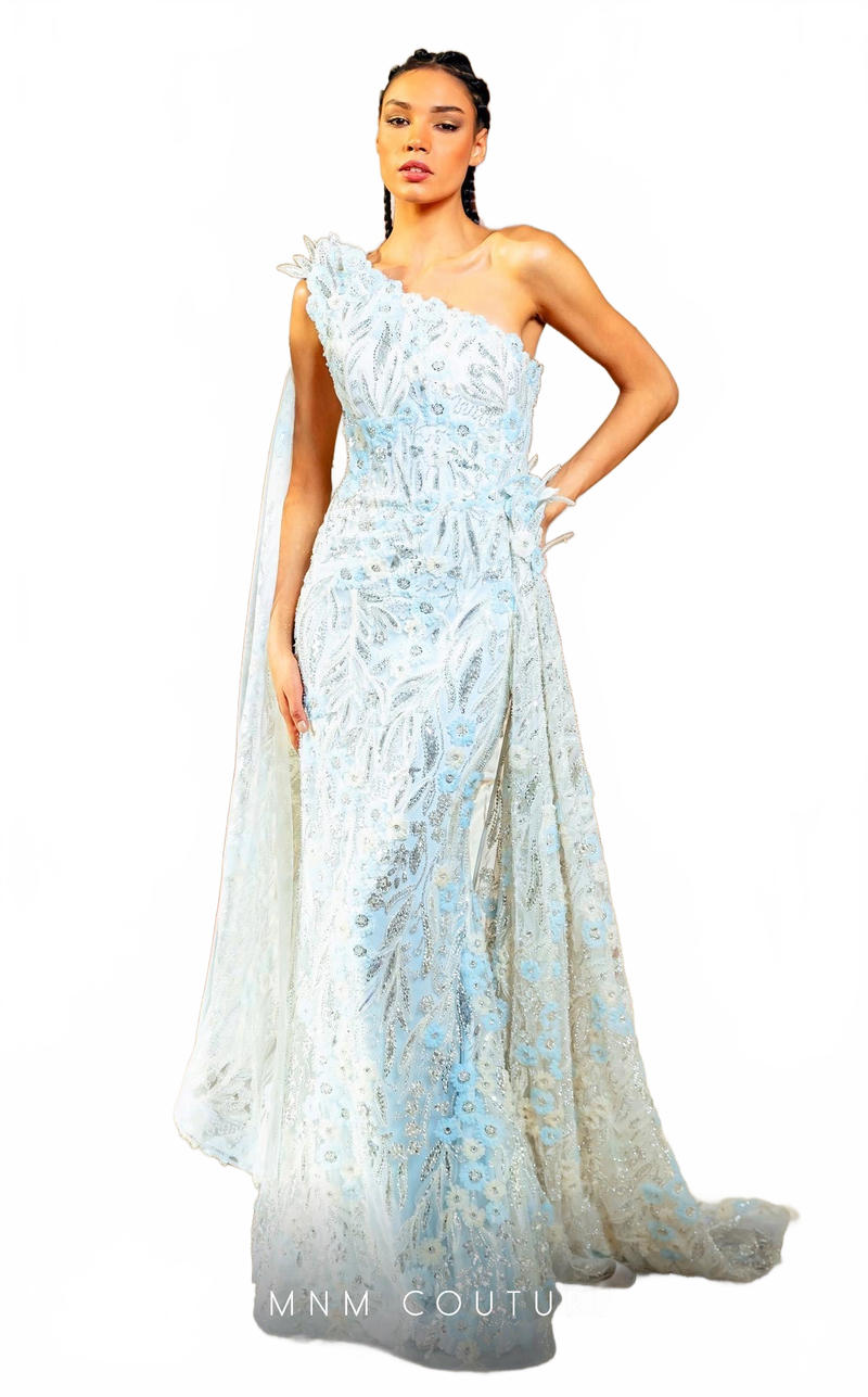 MNM Couture K4173 One-Shoulder Blue Embroidered Evening Gown